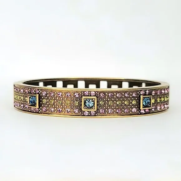 Heidi Daus | Vintage Art Deco 90's Crystal Bronzetone Hinged Bangle Bracelet - Picture 2 of 8